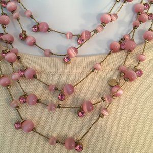 EUC 5-Strand Pink Bead/Faux Gem Necklace, Gold-Tone Chain, 15" L + 4" Extender